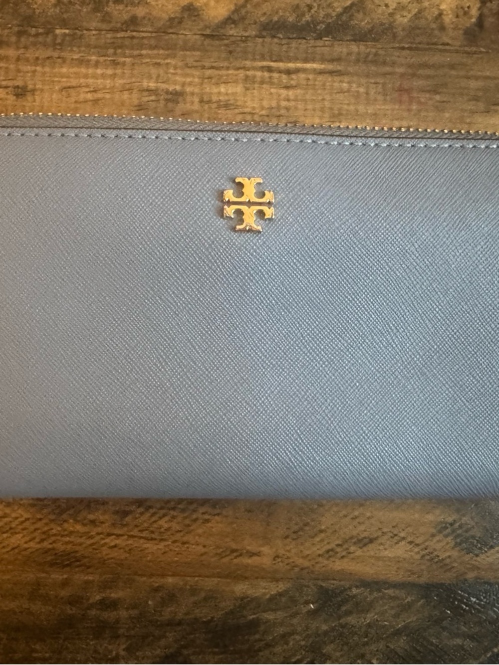 Tory Burch Powder Blue Zip-Around Wallet with Gold Emblem